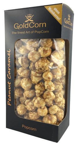 Produktabbildung: GoldCorn Karton mit GoldCorn Logo. Sichtfenster zu den enthaltenen Popcorn. Aufschriften: 